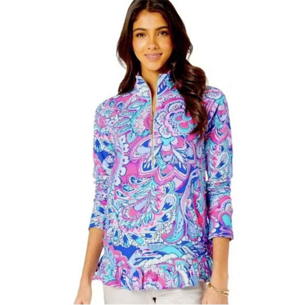 Lilly Pulitzer Killian Ruffle Quarter-Zip Pullover Pink Tropics Size XS